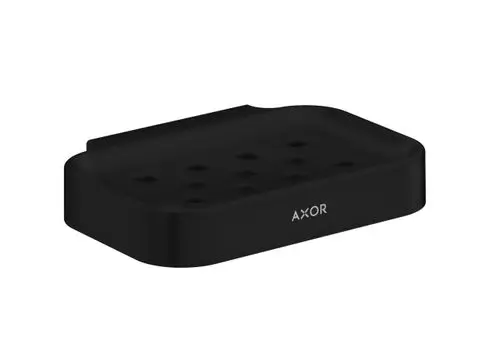 Schwarze Seifenschale mit mehreren Ablauflöchern und abgerundeten Kanten. Gekennzeichnet mit der Marke AXOR. Ideal für Badezimmereinrichtungen.